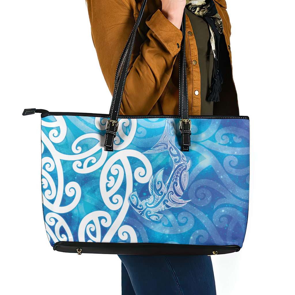 Hammerhead Shark Tattoo New Zealand Leather Tote Bag Maori Galaxy Mangopare Pattern LT14 - Polynesian Pride