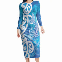 Hammerhead Shark Tattoo New Zealand Long Sleeve Bodycon Dress Maori Galaxy Mangopare Pattern LT14 Long Dress Turquoise - Polynesian Pride