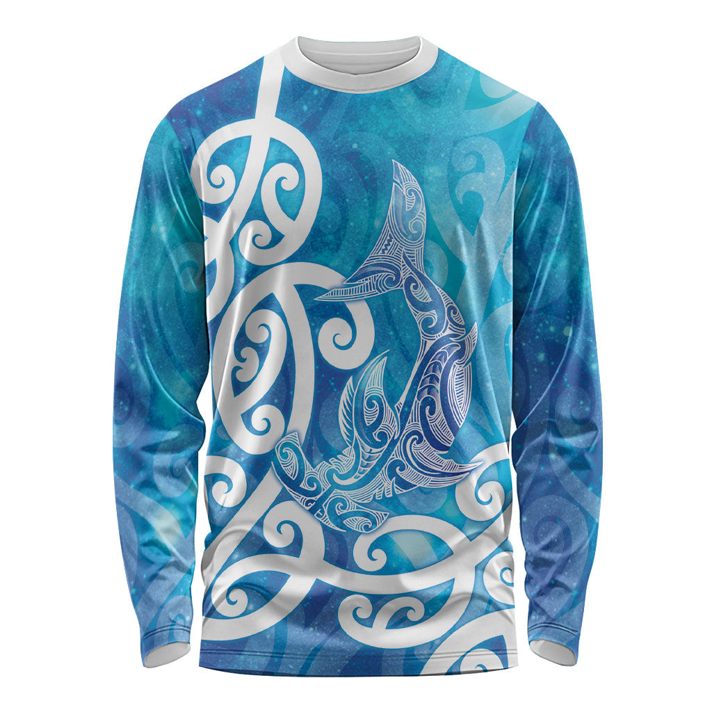 Hammerhead Shark Tattoo New Zealand Long Sleeve Shirt Maori Galaxy Mangopare Pattern LT14 Unisex Turquoise - Polynesian Pride