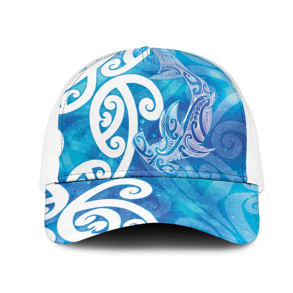 Hammerhead Shark Tattoo New Zealand Mesh Trucker Cap Maori Galaxy Mangopare Pattern LT14 One Size White Turquoise - Polynesian Pride