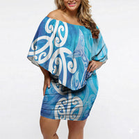 Hammerhead Shark Tattoo New Zealand Off Shoulder Short Dress Maori Galaxy Mangopare Pattern LT14 Women Turquoise - Polynesian Pride