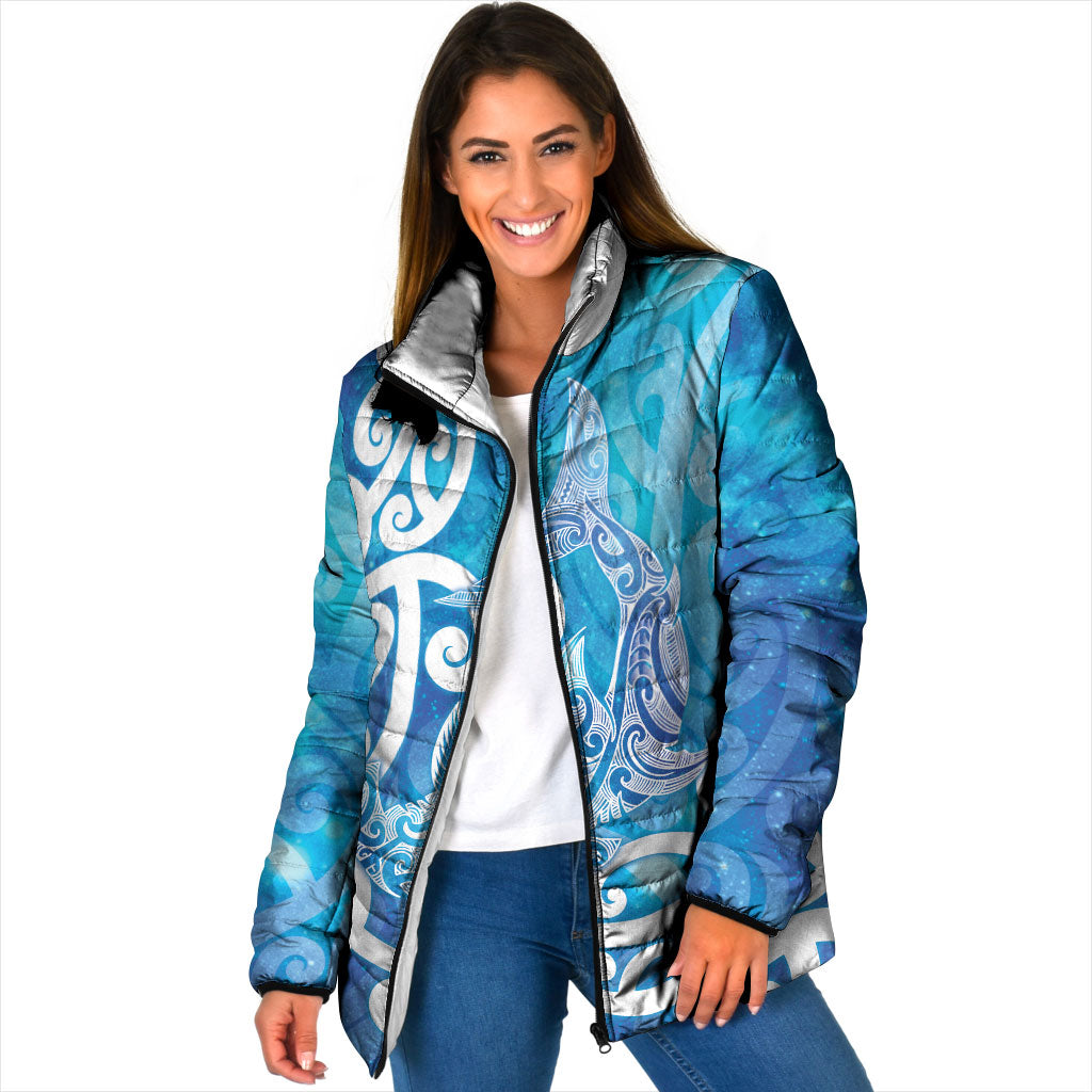 Hammerhead Shark Tattoo New Zealand Padded Jacket Maori Galaxy Mangopare Pattern LT14 Women Turquoise - Polynesian Pride