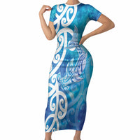 Hammerhead Shark Tattoo New Zealand Short Sleeve Bodycon Dress Maori Galaxy Mangopare Pattern LT14 Long Dress Turquoise - Polynesian Pride