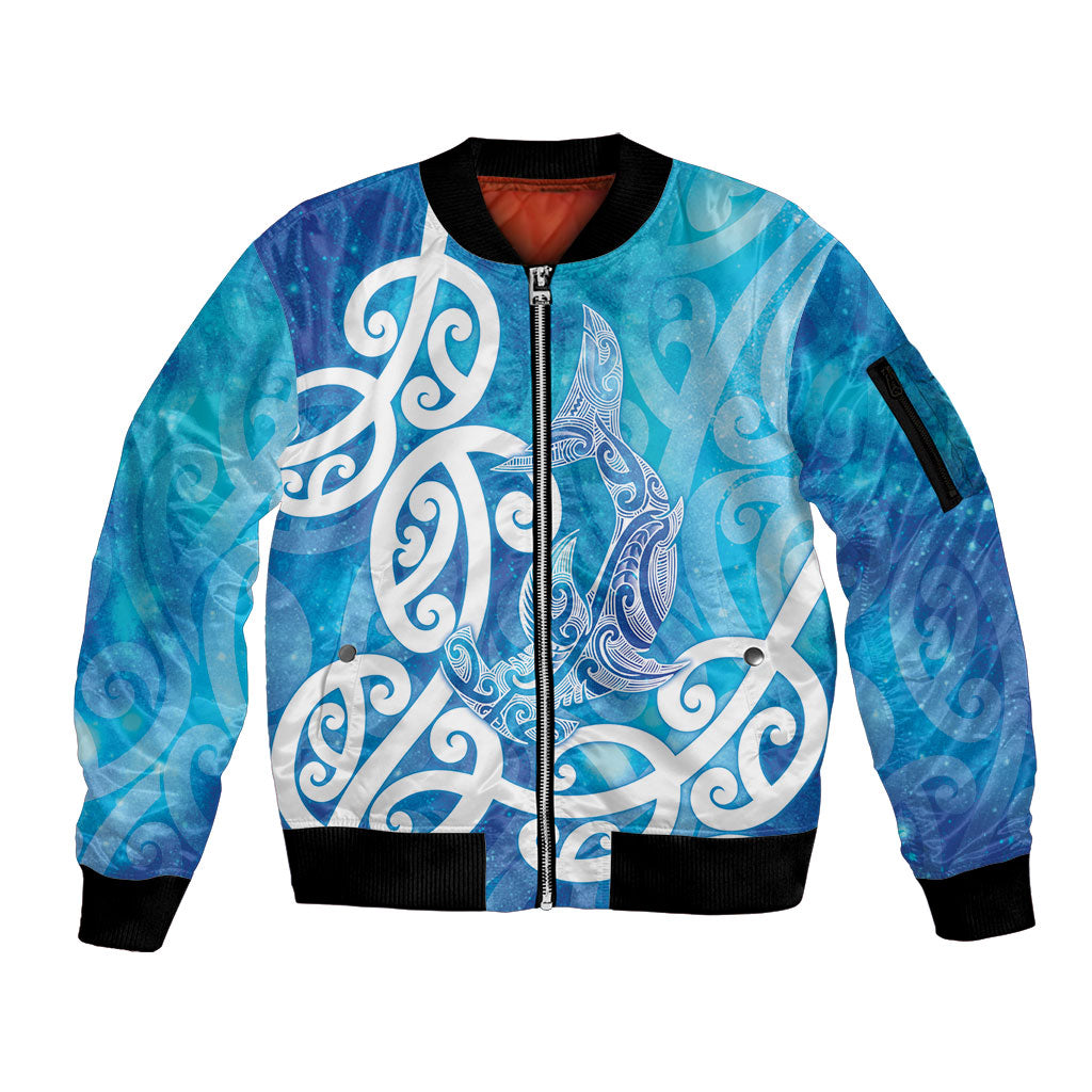 Hammerhead Shark Tattoo New Zealand Sleeve Zip Bomber Jacket Maori Galaxy Mangopare Pattern LT14 Unisex Turquoise - Polynesian Pride