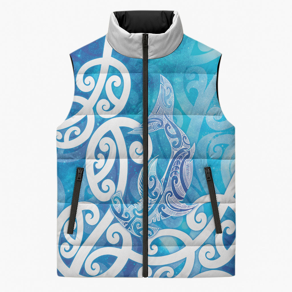 Hammerhead Shark Tattoo New Zealand Sleeveless Puffer Jacket Maori Galaxy Mangopare Pattern LT14 Unisex Turquoise - Polynesian Pride