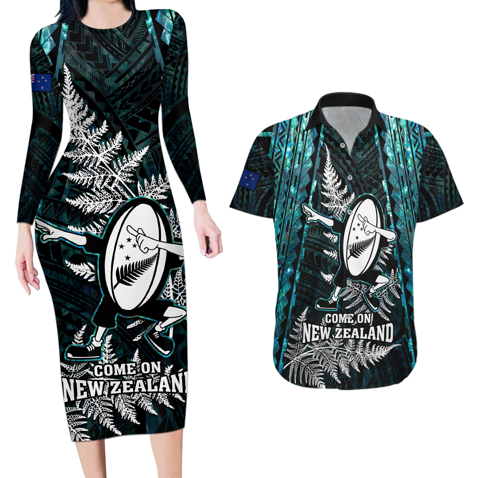 New Zealand Silver Fern Rugby Couples Matching Long Sleeve Bodycon Dress and Hawaiian Shirt Aotearoa All Black Dabbing Ball With Maori Paua Shell LT14 Turquoise - Polynesian Pride