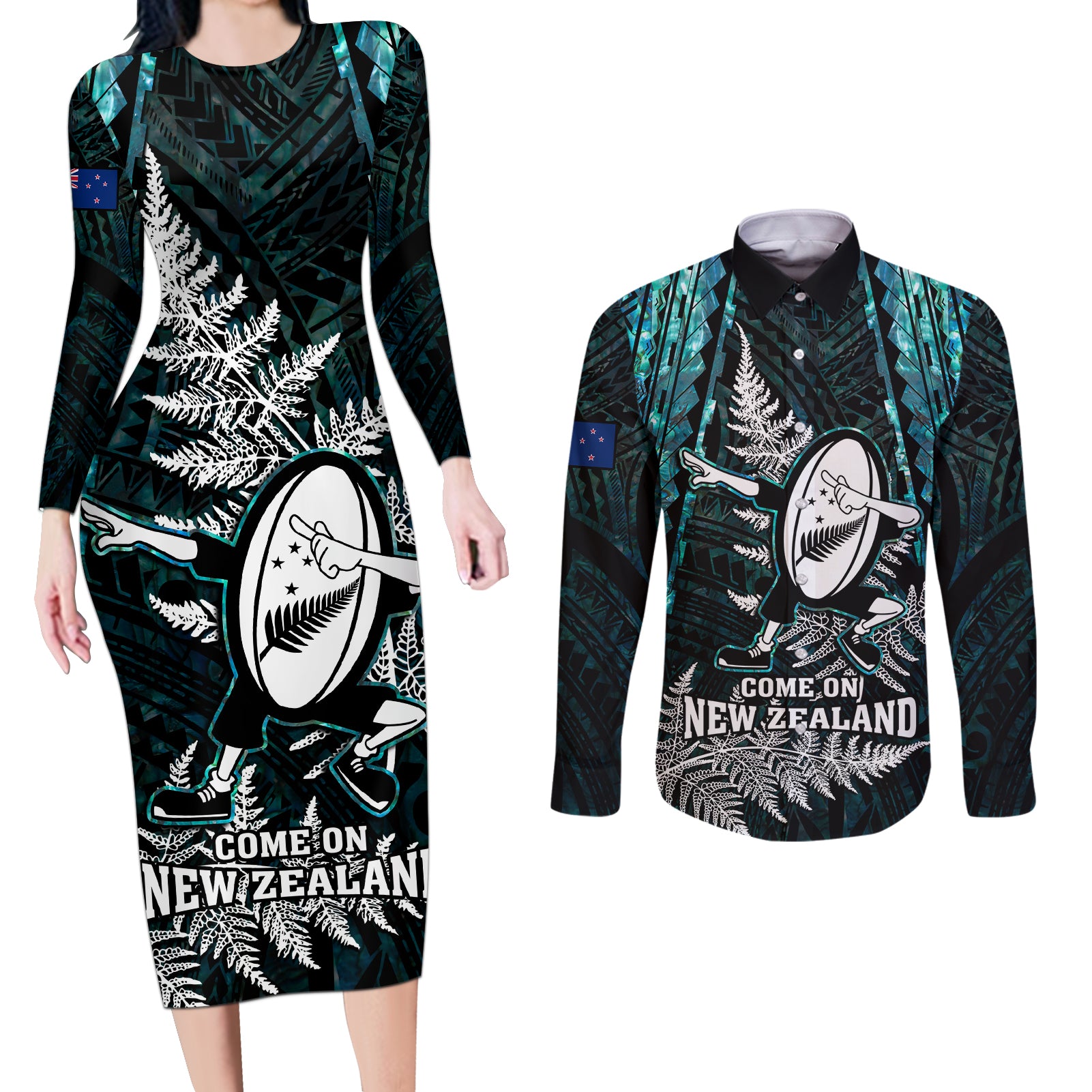 New Zealand Silver Fern Rugby Couples Matching Long Sleeve Bodycon Dress and Long Sleeve Button Shirts Aotearoa All Black Dabbing Ball With Maori Paua Shell LT14 Turquoise - Polynesian Pride