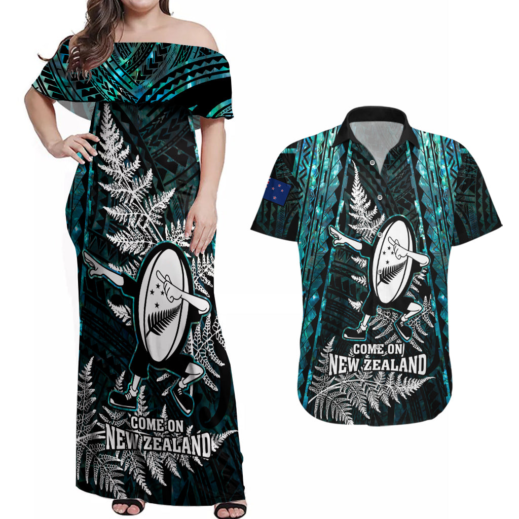 New Zealand Silver Fern Rugby Couples Matching Off Shoulder Maxi Dress and Hawaiian Shirt Aotearoa All Black Dabbing Ball With Maori Paua Shell LT14 Turquoise - Polynesian Pride