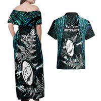 New Zealand Silver Fern Rugby Couples Matching Off Shoulder Maxi Dress and Hawaiian Shirt Aotearoa All Black Dabbing Ball With Maori Paua Shell LT14 - Polynesian Pride