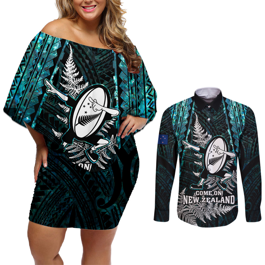 New Zealand Silver Fern Rugby Couples Matching Off Shoulder Short Dress and Long Sleeve Button Shirts Aotearoa All Black Dabbing Ball With Maori Paua Shell LT14 Turquoise - Polynesian Pride