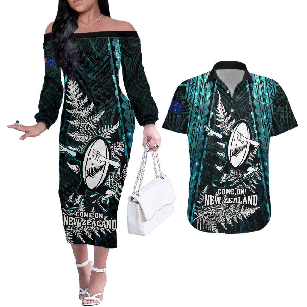 New Zealand Silver Fern Rugby Couples Matching Off The Shoulder Long Sleeve Dress and Hawaiian Shirt Aotearoa All Black Dabbing Ball With Maori Paua Shell LT14 Turquoise - Polynesian Pride