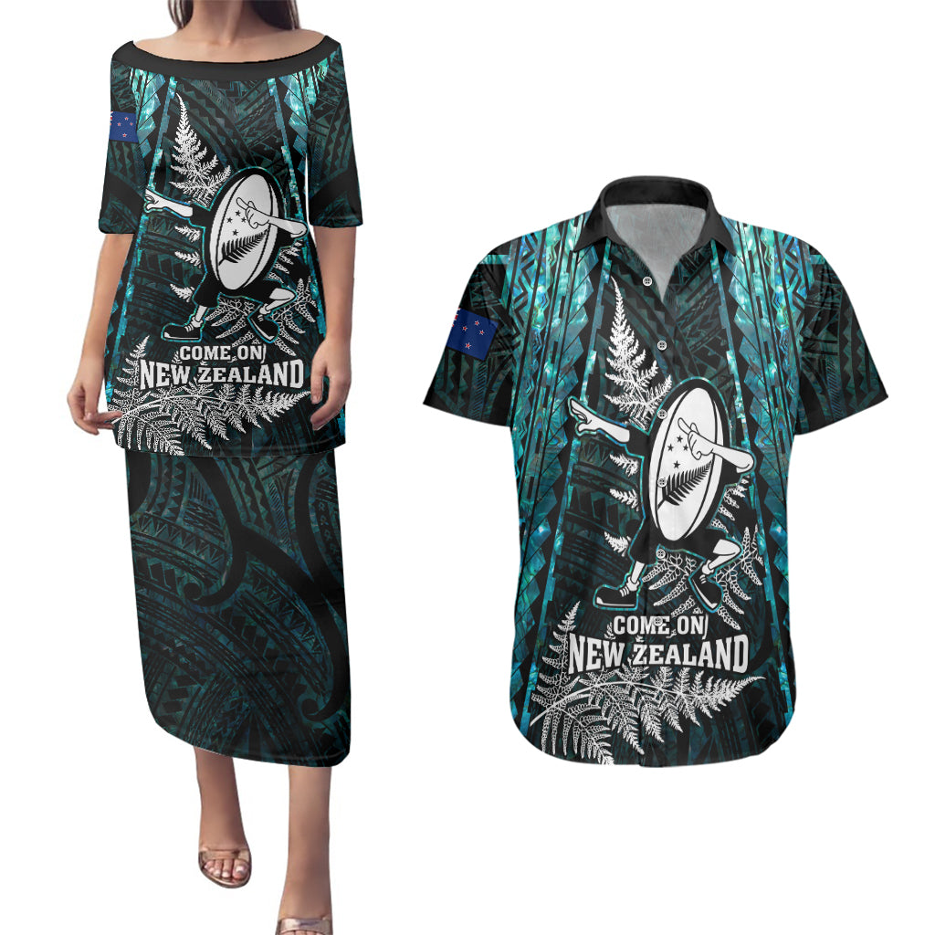 New Zealand Silver Fern Rugby Couples Matching Puletasi Dress and Hawaiian Shirt Aotearoa All Black Dabbing Ball With Maori Paua Shell LT14 Turquoise - Polynesian Pride