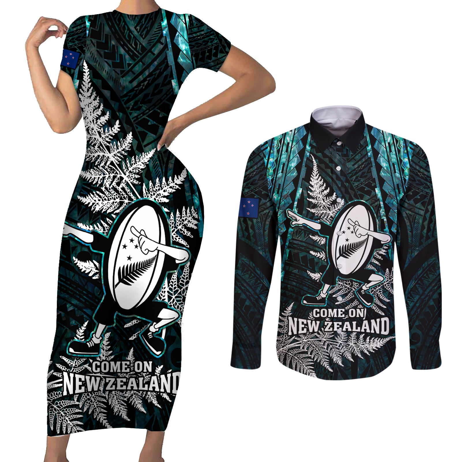 New Zealand Silver Fern Rugby Couples Matching Short Sleeve Bodycon Dress and Long Sleeve Button Shirts Aotearoa All Black Dabbing Ball With Maori Paua Shell LT14 Turquoise - Polynesian Pride