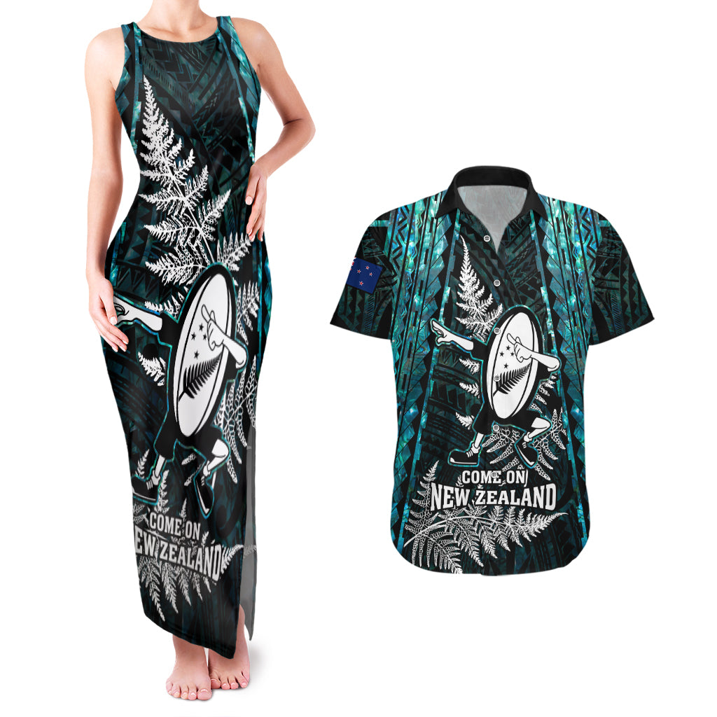 New Zealand Silver Fern Rugby Couples Matching Tank Maxi Dress and Hawaiian Shirt Aotearoa All Black Dabbing Ball With Maori Paua Shell LT14 Turquoise - Polynesian Pride