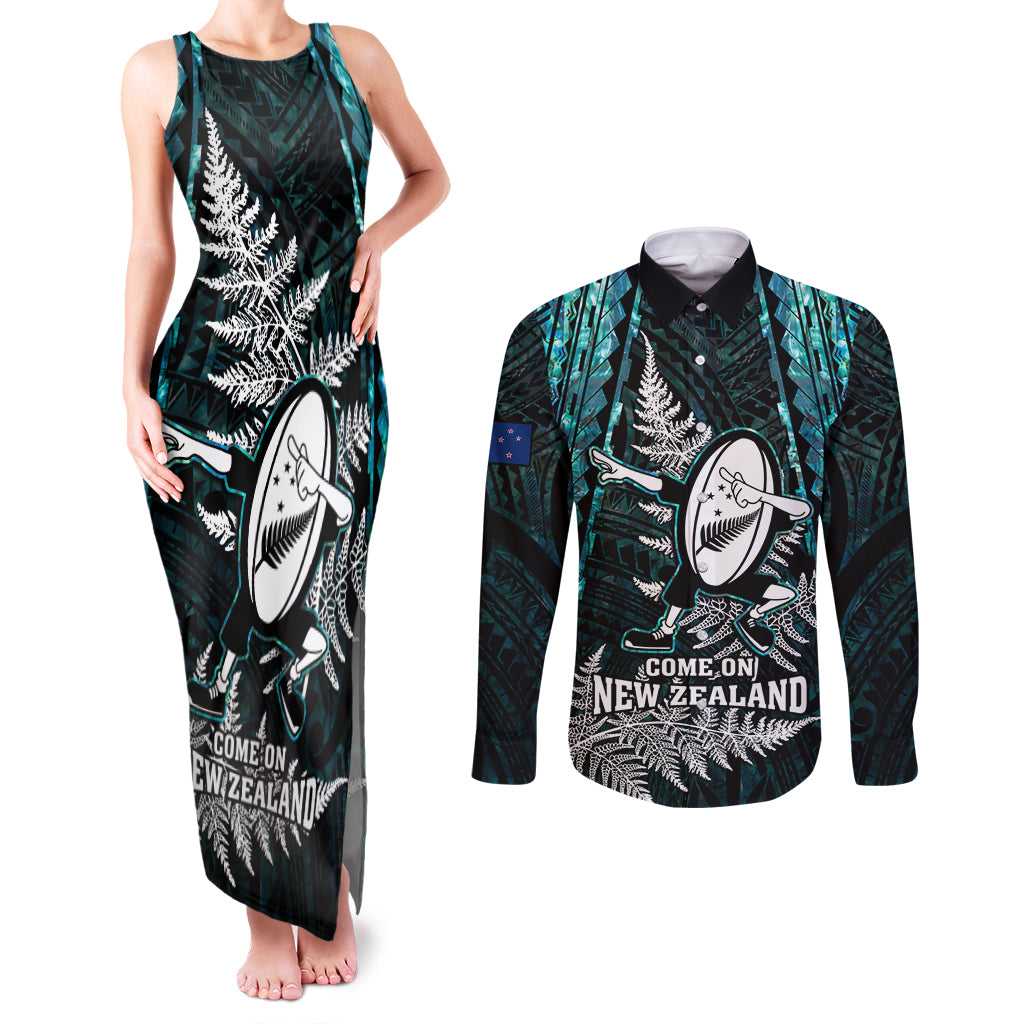 New Zealand Silver Fern Rugby Couples Matching Tank Maxi Dress and Long Sleeve Button Shirts Aotearoa All Black Dabbing Ball With Maori Paua Shell LT14 Turquoise - Polynesian Pride