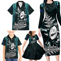New Zealand Silver Fern Rugby Family Matching Long Sleeve Bodycon Dress and Hawaiian Shirt Aotearoa All Black Dabbing Ball With Maori Paua Shell LT14 - Polynesian Pride
