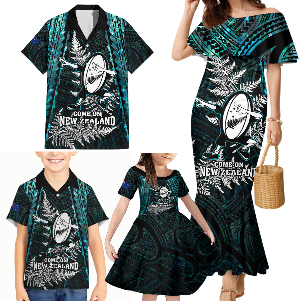 New Zealand Silver Fern Rugby Family Matching Mermaid Dress and Hawaiian Shirt Aotearoa All Black Dabbing Ball With Maori Paua Shell LT14 - Polynesian Pride