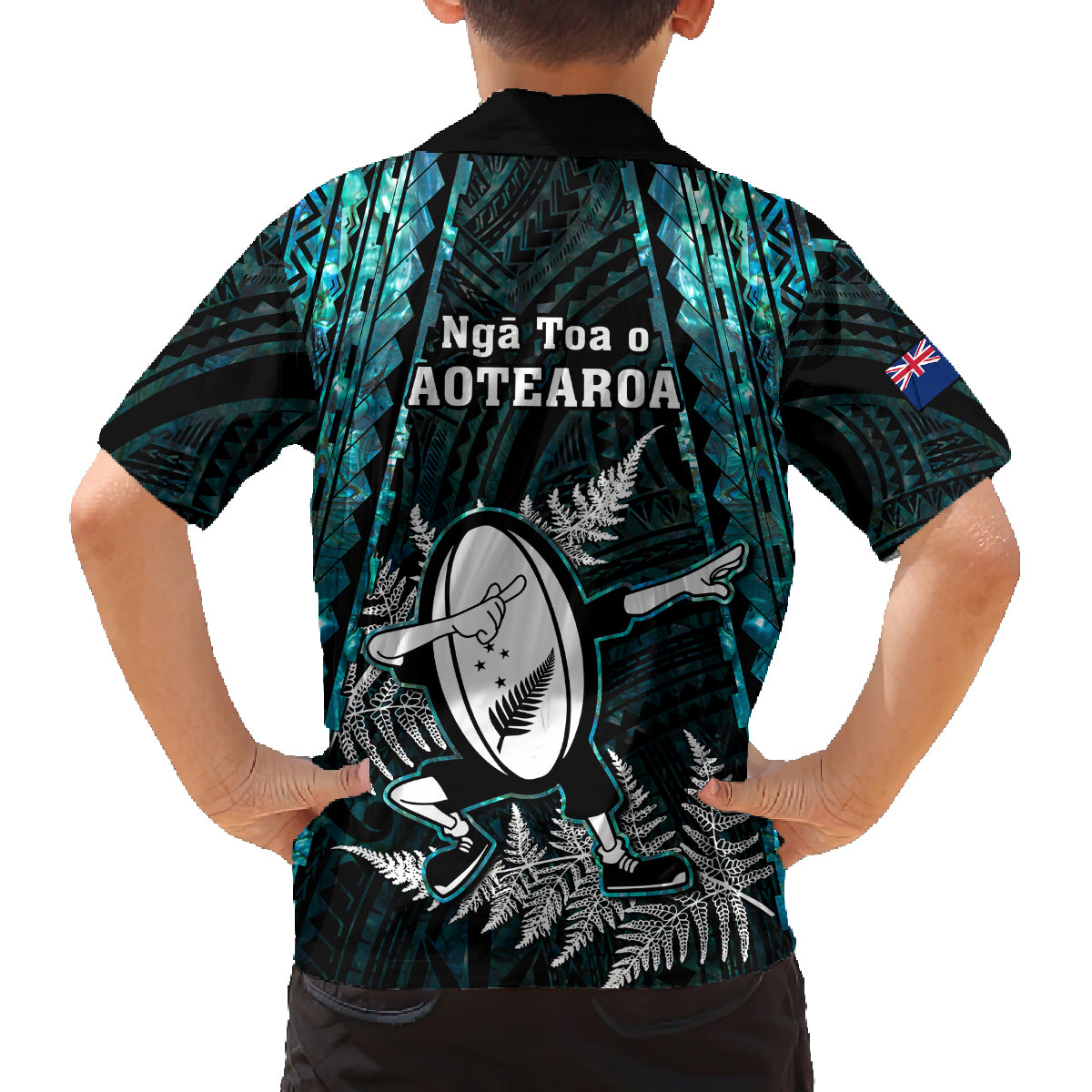 New Zealand Silver Fern Rugby Family Matching Off Shoulder Short Dress and Hawaiian Shirt Aotearoa All Black Dabbing Ball With Maori Paua Shell LT14 - Polynesian Pride