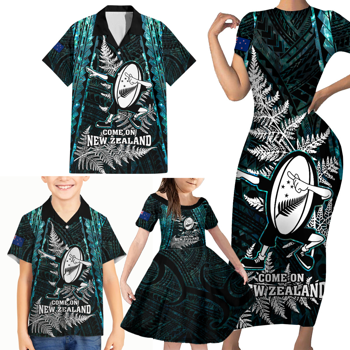 New Zealand Silver Fern Rugby Family Matching Short Sleeve Bodycon Dress and Hawaiian Shirt Aotearoa All Black Dabbing Ball With Maori Paua Shell LT14 - Polynesian Pride