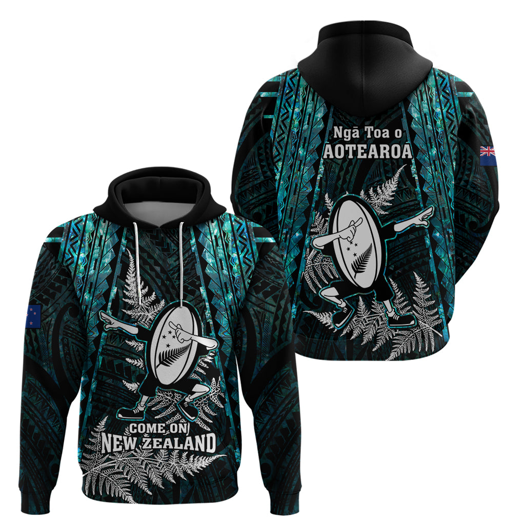 New Zealand Silver Fern Rugby Hoodie Aotearoa All Black Dabbing Ball With Maori Paua Shell LT14 - Polynesian Pride