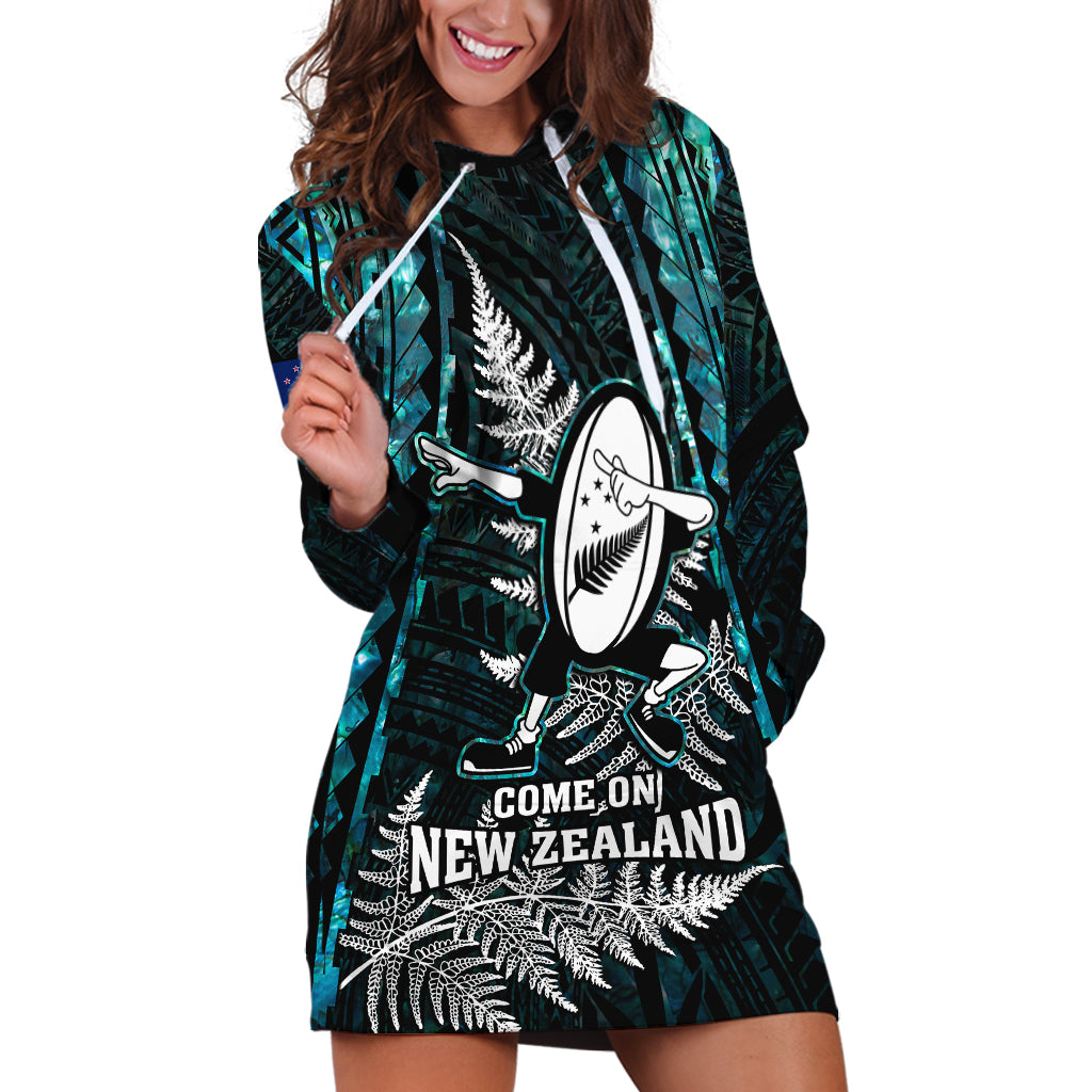 New Zealand Silver Fern Rugby Hoodie Dress Aotearoa All Black Dabbing Ball With Maori Paua Shell LT14 Turquoise - Polynesian Pride