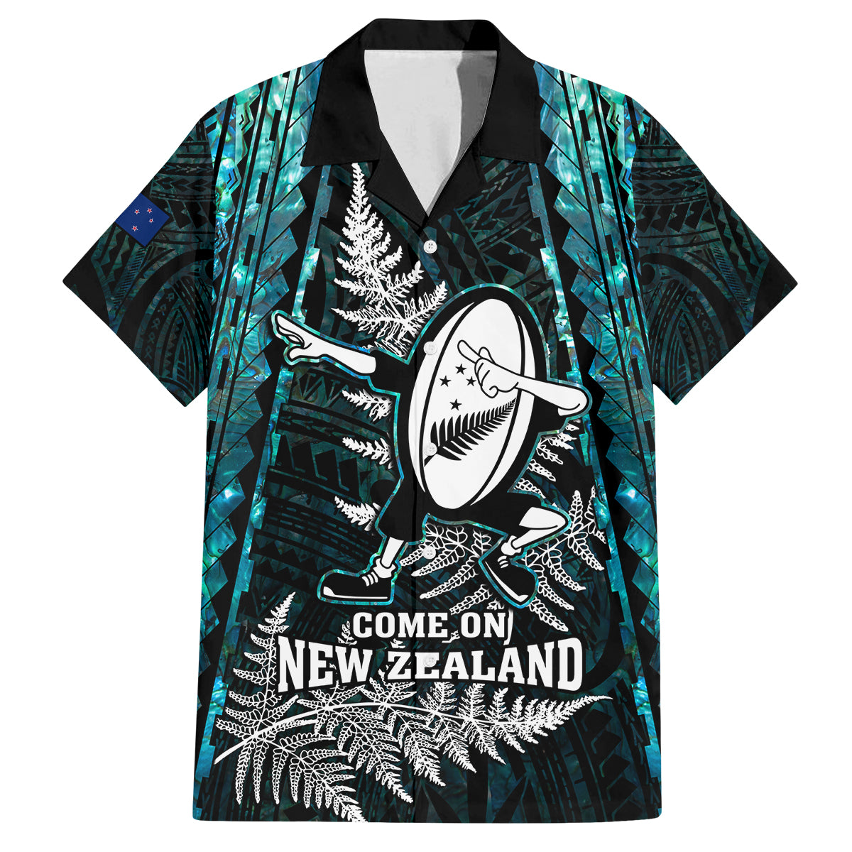 New Zealand Silver Fern Rugby Kid Hawaiian Shirt Aotearoa All Black Dabbing Ball With Maori Paua Shell LT14 Kid Turquoise - Polynesian Pride