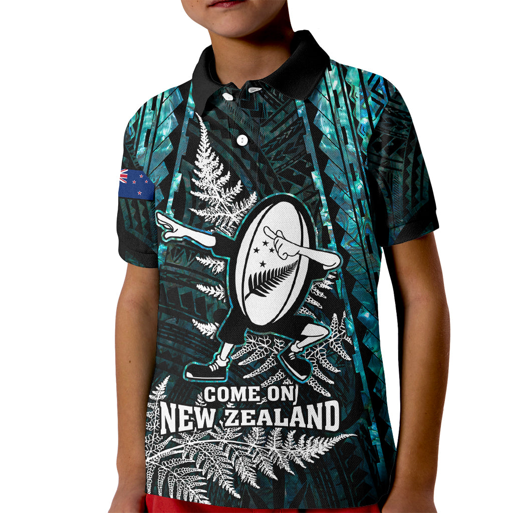 New Zealand Silver Fern Rugby Kid Polo Shirt Aotearoa All Black Dabbing Ball With Maori Paua Shell LT14 Kid Turquoise - Polynesian Pride