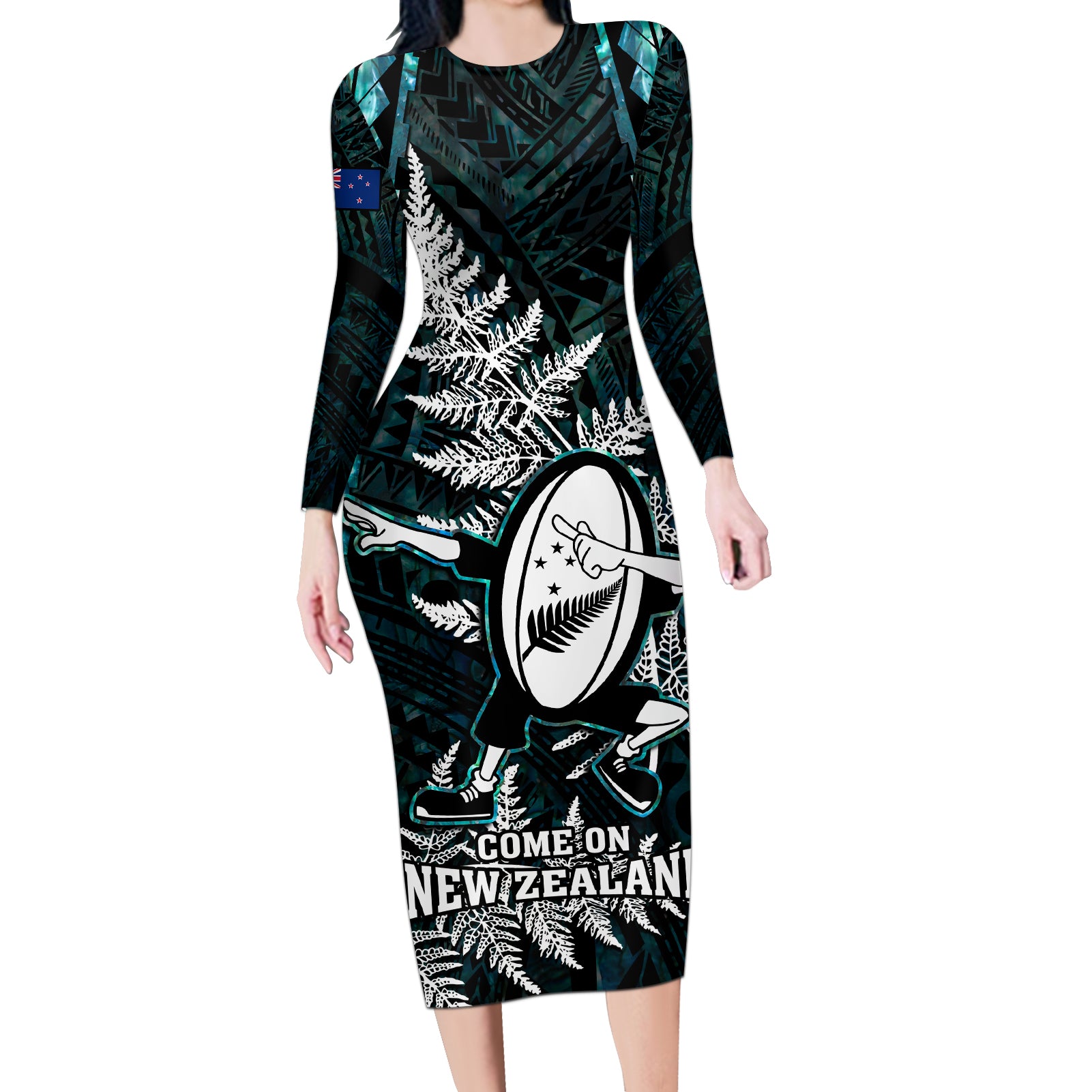 New Zealand Silver Fern Rugby Long Sleeve Bodycon Dress Aotearoa All Black Dabbing Ball With Maori Paua Shell LT14 Long Dress Turquoise - Polynesian Pride