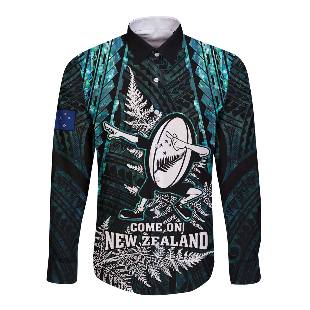 New Zealand Silver Fern Rugby Long Sleeve Button Shirt Aotearoa All Black Dabbing Ball With Maori Paua Shell LT14 Unisex Turquoise - Polynesian Pride