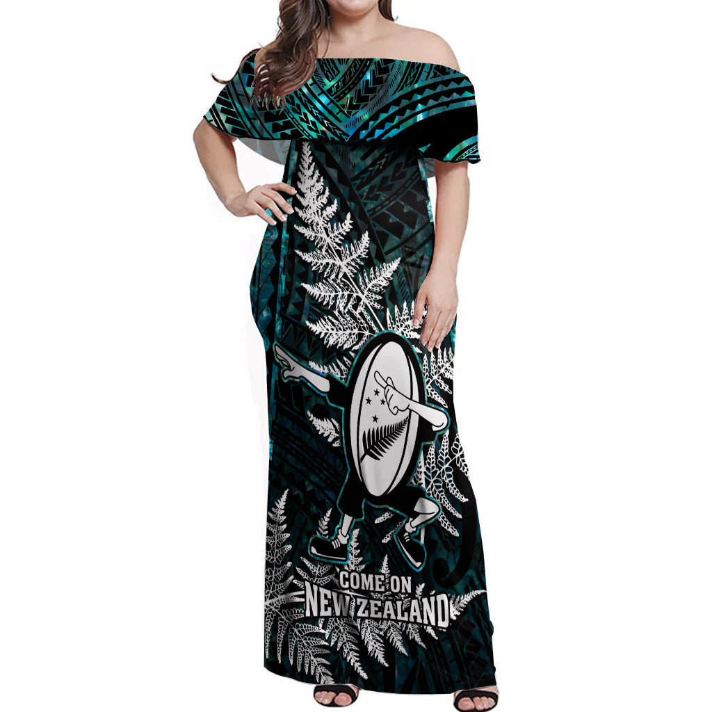 New Zealand Silver Fern Rugby Off Shoulder Maxi Dress Aotearoa All Black Dabbing Ball With Maori Paua Shell LT14 Women Turquoise - Polynesian Pride