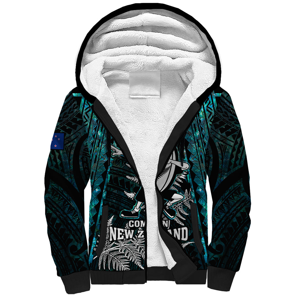 New Zealand Silver Fern Rugby Sherpa Hoodie Aotearoa All Black Dabbing Ball With Maori Paua Shell LT14 Unisex Turquoise - Polynesian Pride