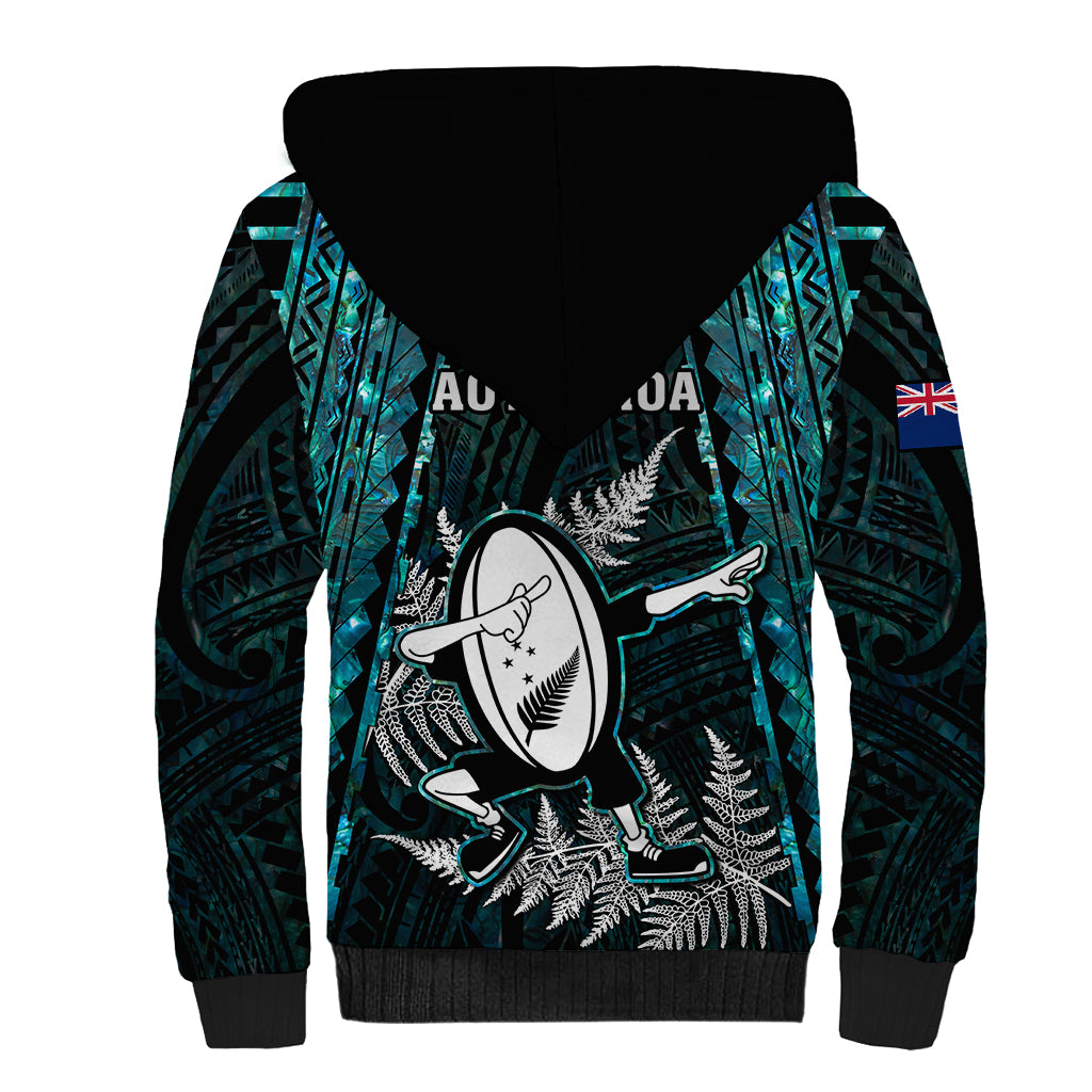 New Zealand Silver Fern Rugby Sherpa Hoodie Aotearoa All Black Dabbing Ball With Maori Paua Shell LT14 - Polynesian Pride