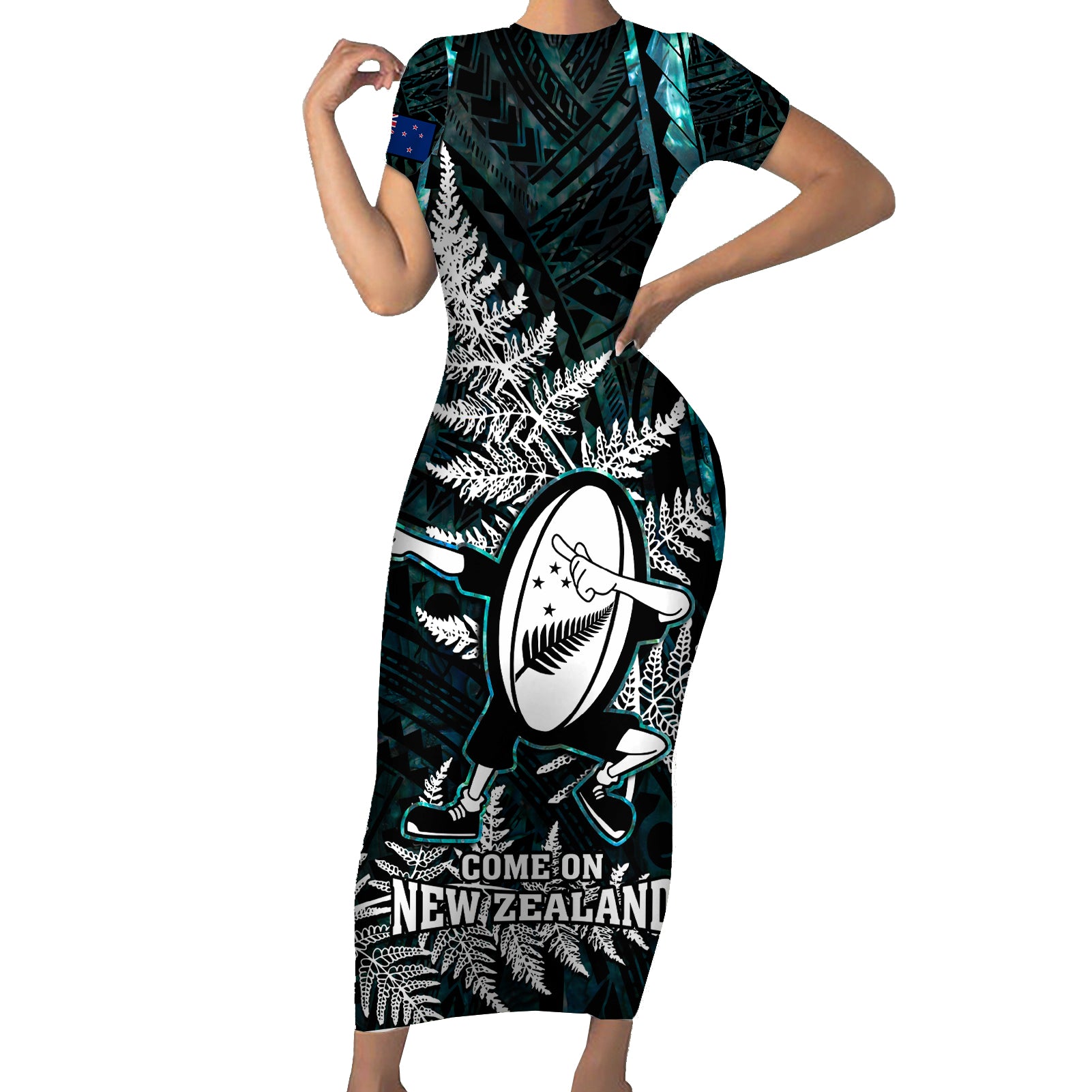 New Zealand Silver Fern Rugby Short Sleeve Bodycon Dress Aotearoa All Black Dabbing Ball With Maori Paua Shell LT14 Long Dress Turquoise - Polynesian Pride