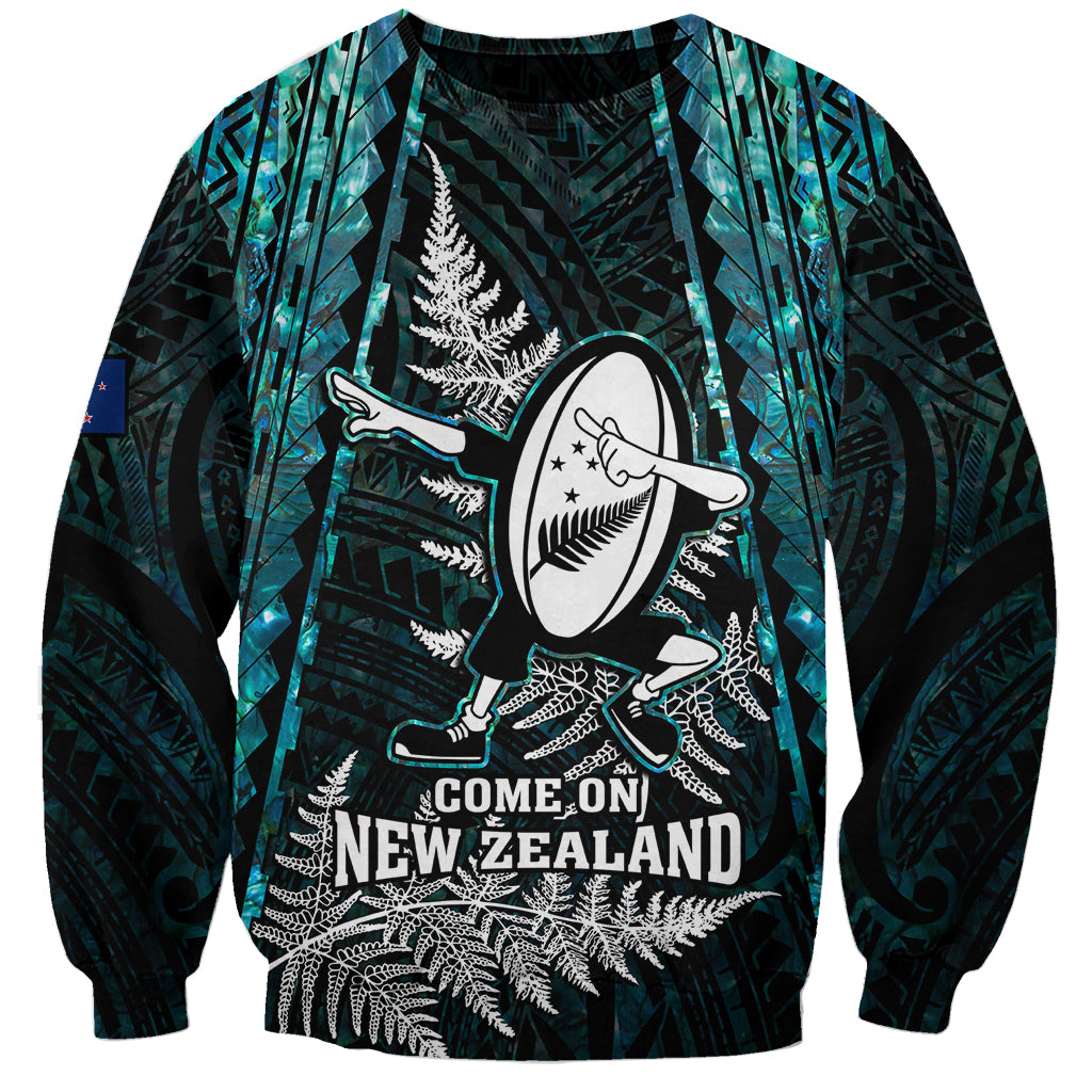 New Zealand Silver Fern Rugby Sweatshirt Aotearoa All Black Dabbing Ball With Maori Paua Shell LT14 Unisex Turquoise - Polynesian Pride