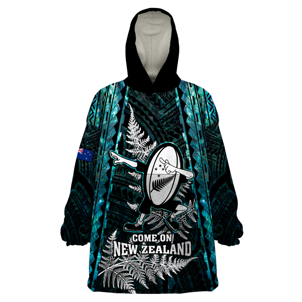 New Zealand Silver Fern Rugby Wearable Blanket Hoodie Aotearoa All Black Dabbing Ball With Maori Paua Shell LT14 One Size Turquoise - Polynesian Pride