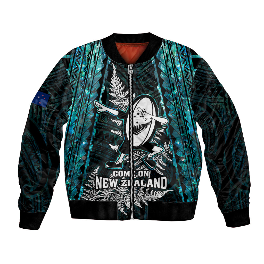 Custom New Zealand Silver Fern Rugby Bomber Jacket Aotearoa All Black Dabbing Ball With Maori Paua Shell LT14 Unisex Turquoise - Polynesian Pride