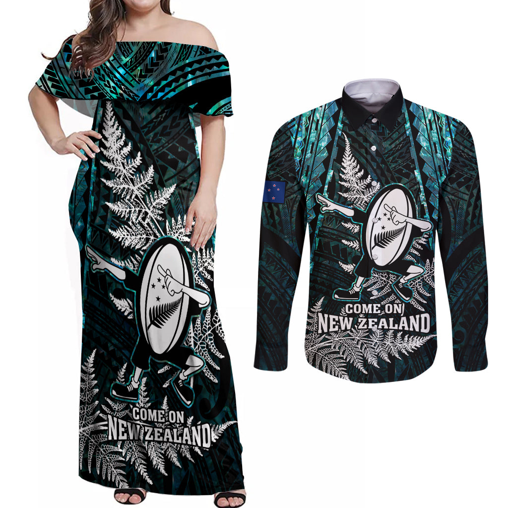 Custom New Zealand Silver Fern Rugby Couples Matching Off Shoulder Maxi Dress and Long Sleeve Button Shirts Aotearoa All Black Dabbing Ball With Maori Paua Shell LT14 Turquoise - Polynesian Pride