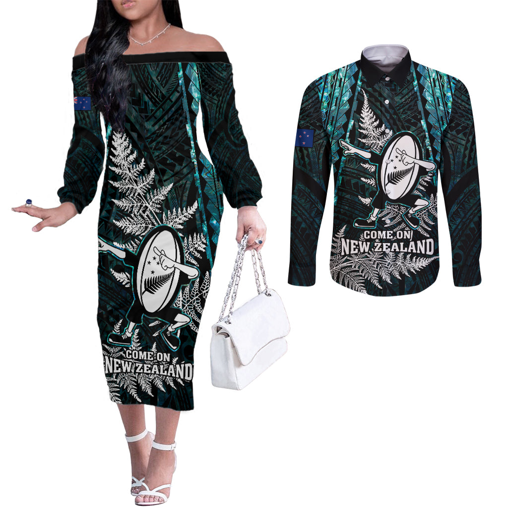 Custom New Zealand Silver Fern Rugby Couples Matching Off The Shoulder Long Sleeve Dress and Long Sleeve Button Shirts Aotearoa All Black Dabbing Ball With Maori Paua Shell LT14 Turquoise - Polynesian Pride