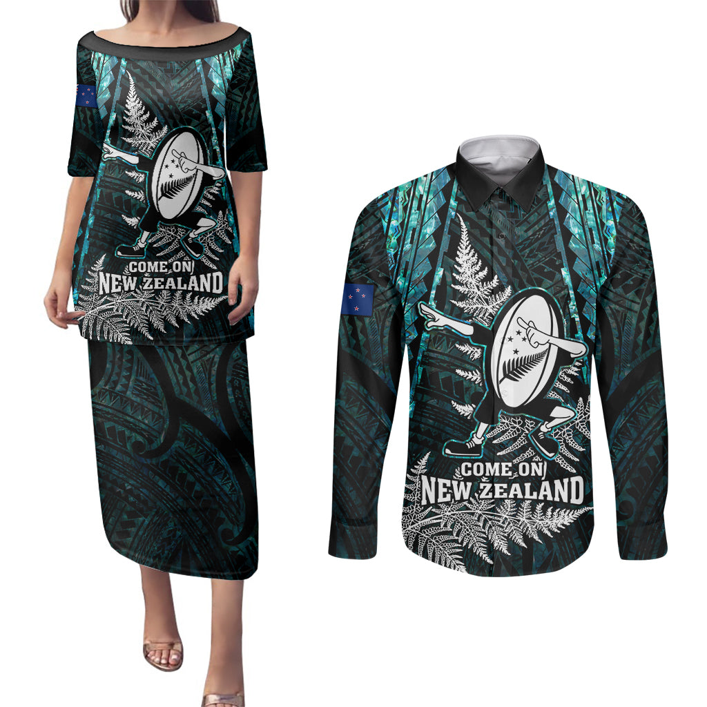 Custom New Zealand Silver Fern Rugby Couples Matching Puletasi Dress and Long Sleeve Button Shirts Aotearoa All Black Dabbing Ball With Maori Paua Shell LT14 Turquoise - Polynesian Pride