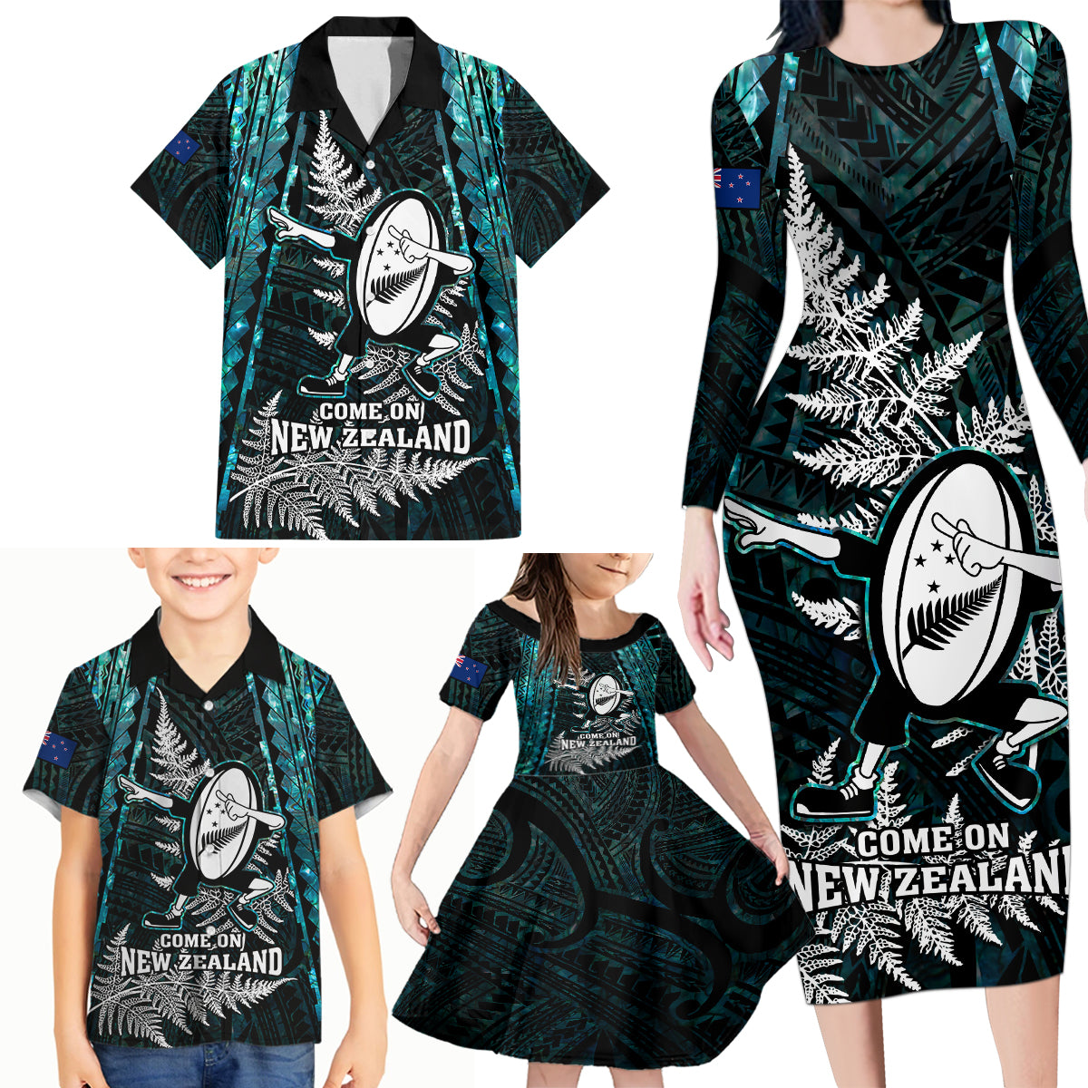 Custom New Zealand Silver Fern Rugby Family Matching Long Sleeve Bodycon Dress and Hawaiian Shirt Aotearoa All Black Dabbing Ball With Maori Paua Shell LT14 - Polynesian Pride