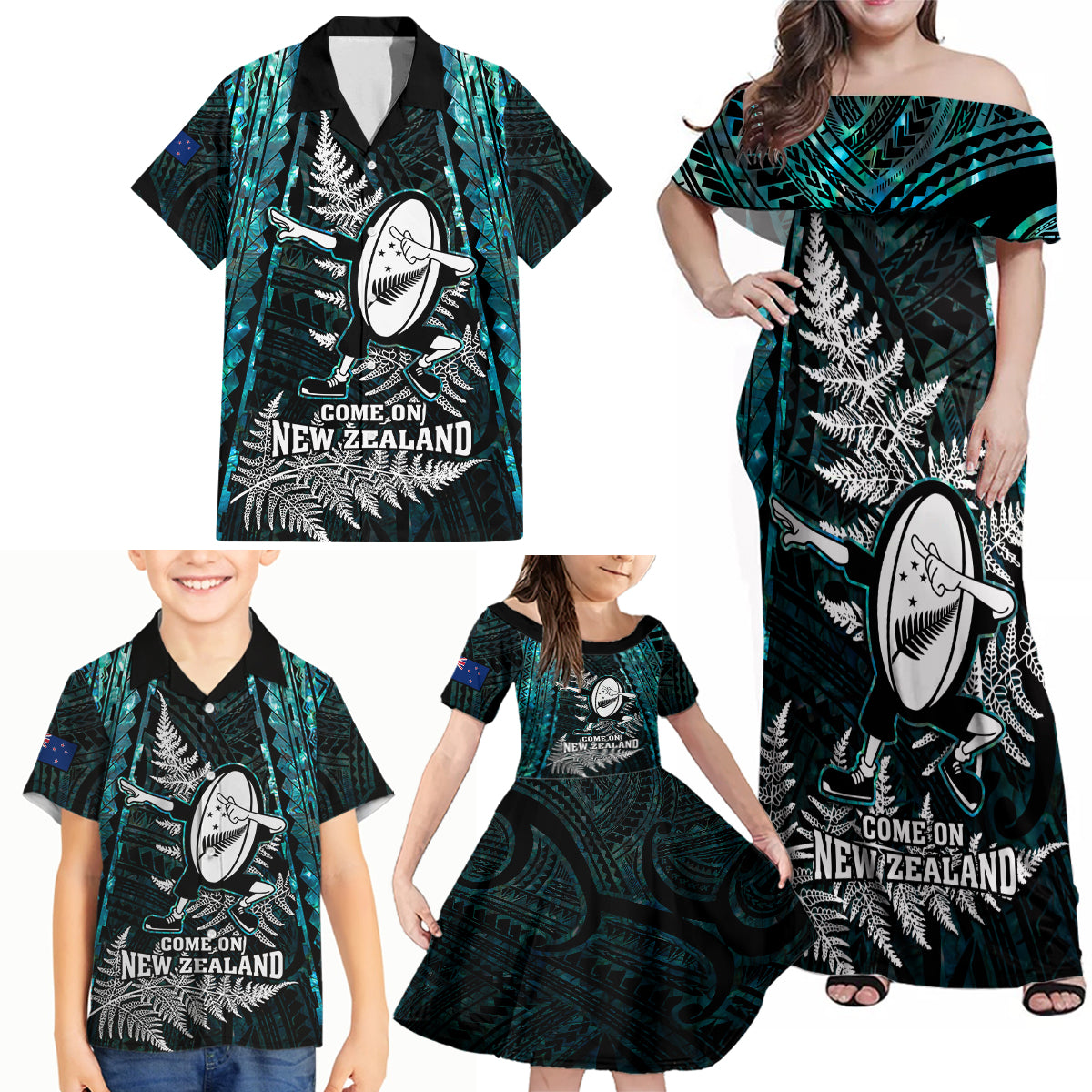 Custom New Zealand Silver Fern Rugby Family Matching Off Shoulder Maxi Dress and Hawaiian Shirt Aotearoa All Black Dabbing Ball With Maori Paua Shell LT14 - Polynesian Pride