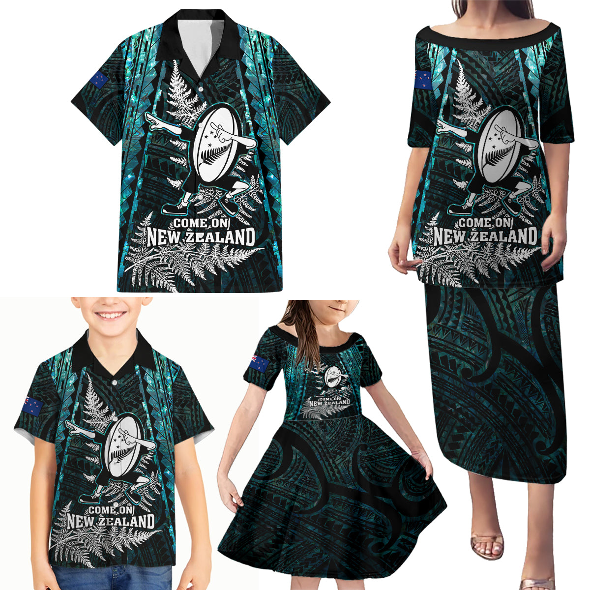 Custom New Zealand Silver Fern Rugby Family Matching Puletasi Dress and Hawaiian Shirt Aotearoa All Black Dabbing Ball With Maori Paua Shell LT14 - Polynesian Pride