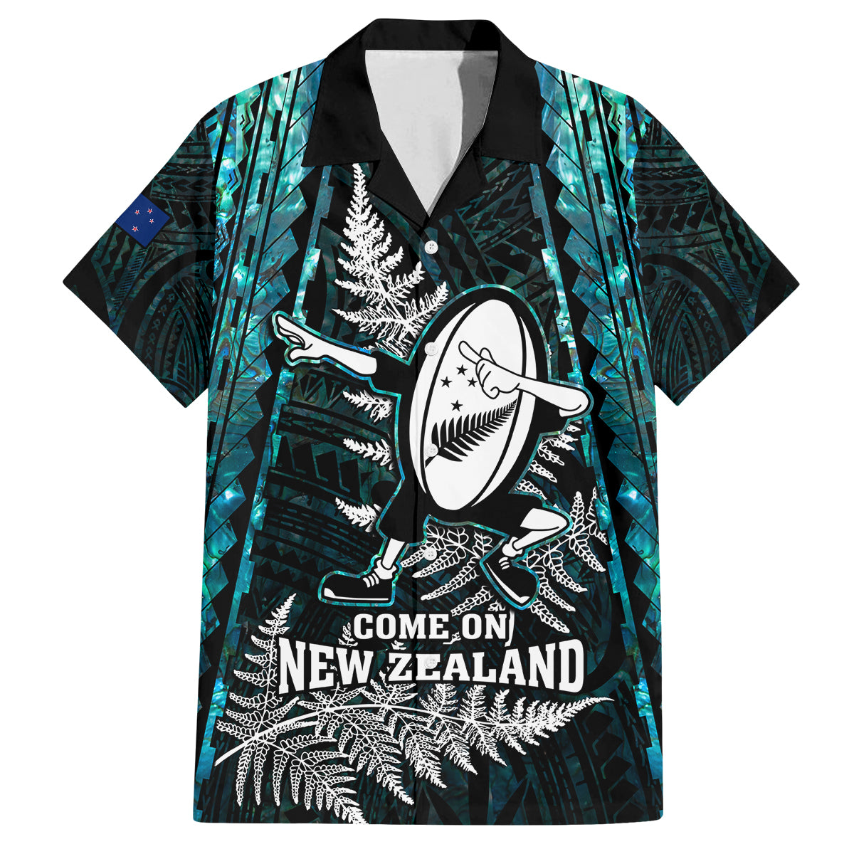 Custom New Zealand Silver Fern Rugby Family Matching Puletasi Dress and Hawaiian Shirt Aotearoa All Black Dabbing Ball With Maori Paua Shell LT14 Dad's Shirt - Short Sleeve Turquoise - Polynesian Pride
