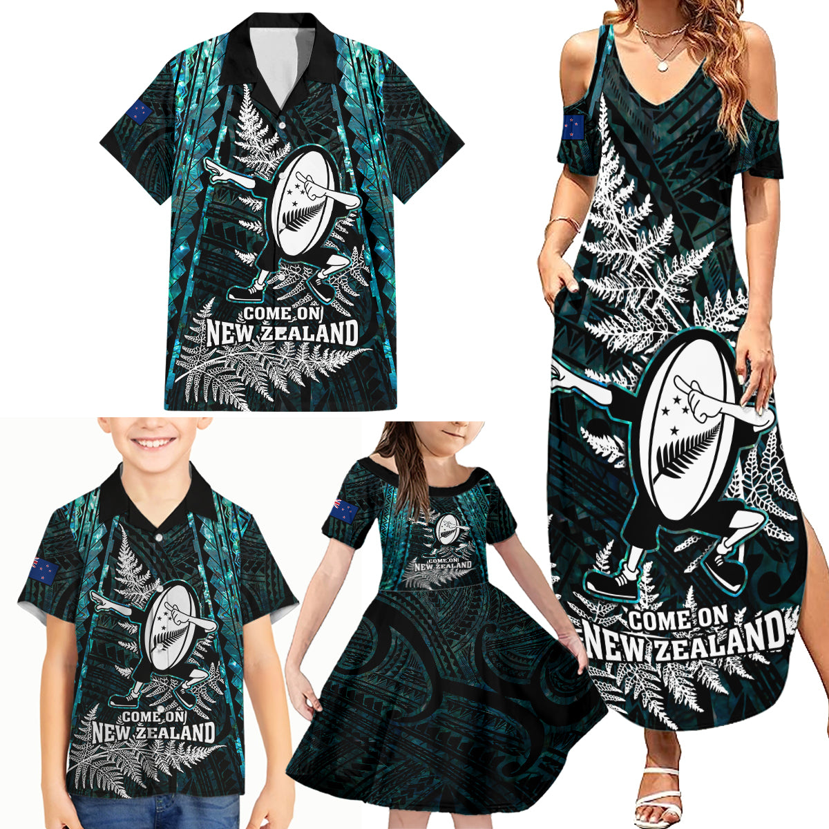 Custom New Zealand Silver Fern Rugby Family Matching Summer Maxi Dress and Hawaiian Shirt Aotearoa All Black Dabbing Ball With Maori Paua Shell LT14 - Polynesian Pride