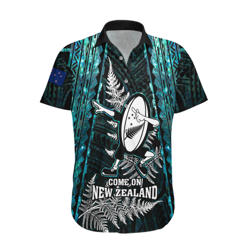 Custom New Zealand Silver Fern Rugby Hawaiian Shirt Aotearoa All Black Dabbing Ball With Maori Paua Shell LT14 Turquoise - Polynesian Pride