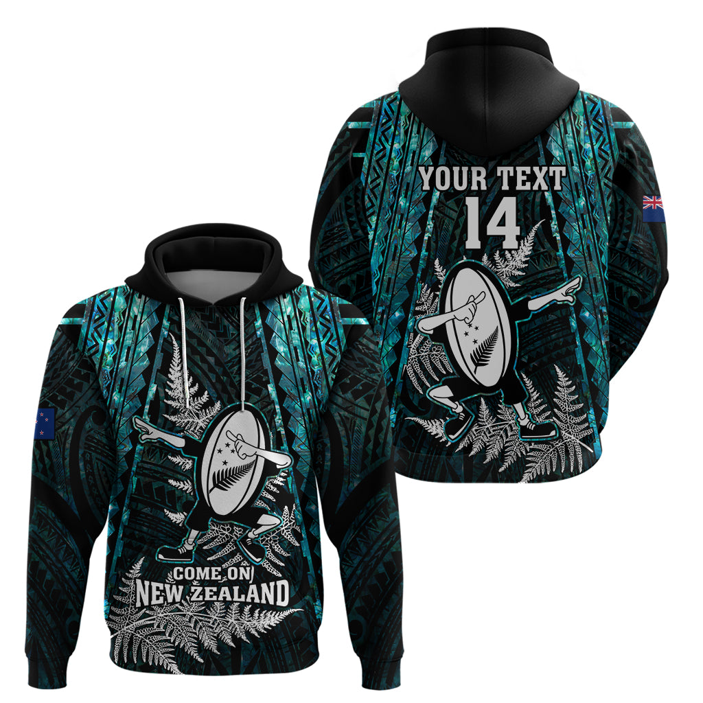 Custom New Zealand Silver Fern Rugby Hoodie Aotearoa All Black Dabbing Ball With Maori Paua Shell LT14 - Polynesian Pride