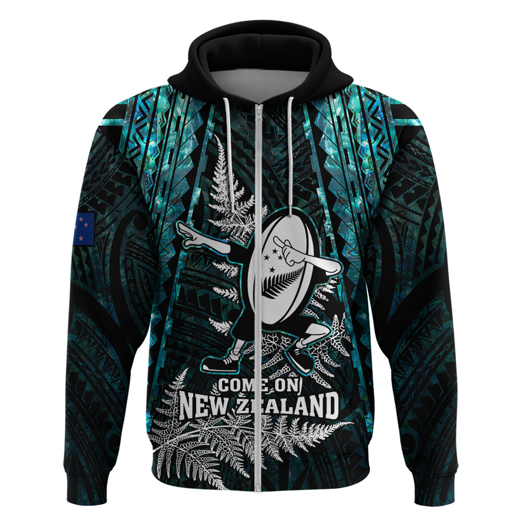 Custom New Zealand Silver Fern Rugby Hoodie Aotearoa All Black Dabbing Ball With Maori Paua Shell LT14 Zip Hoodie Turquoise - Polynesian Pride