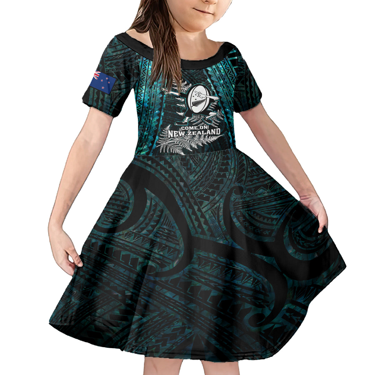 Custom New Zealand Silver Fern Rugby Kid Short Sleeve Dress Aotearoa All Black Dabbing Ball With Maori Paua Shell LT14 KID Turquoise - Polynesian Pride