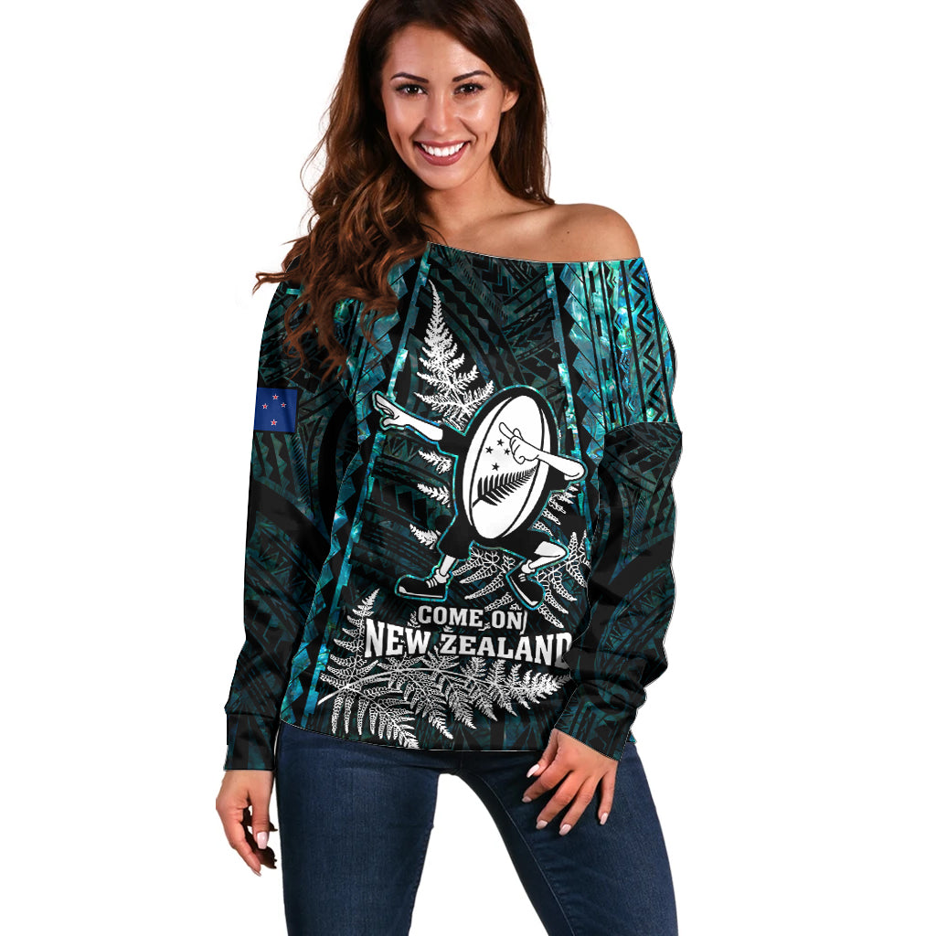 Custom New Zealand Silver Fern Rugby Off Shoulder Sweater Aotearoa All Black Dabbing Ball With Maori Paua Shell LT14 Women Turquoise - Polynesian Pride