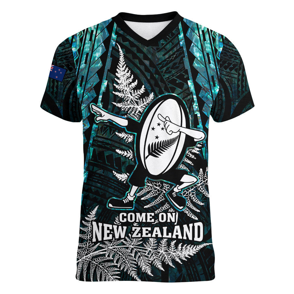 Custom New Zealand Silver Fern Rugby Women V Neck T Shirt Aotearoa All Black Dabbing Ball With Maori Paua Shell LT14 Female Turquoise - Polynesian Pride